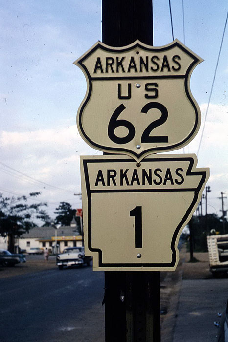 Arkansas - State Highway 1 and U.S. Highway 62 sign.