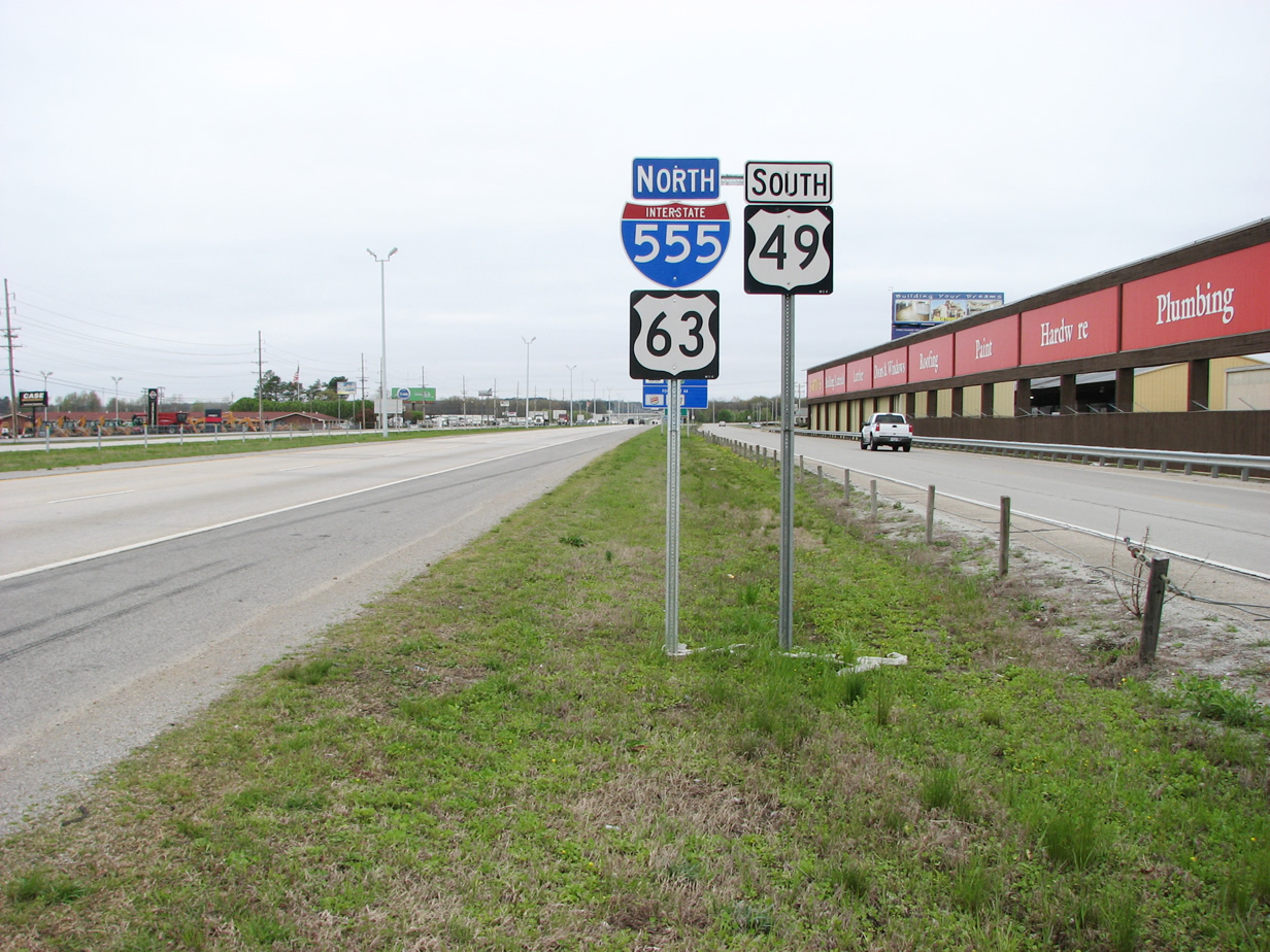 Arkansas - Interstate 555, U.S. Highway 49, and U.S. Highway 63 sign.
