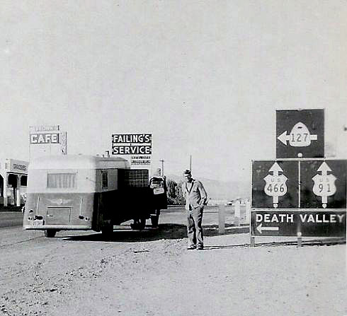 California - U.S. Highway 91, U.S. Highway 466, and State Highway 127 sign.