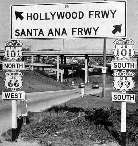 California - U.S. Highway 99, U.S. Highway 101, and U.S. Highway 66 sign.