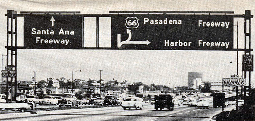 California - U.S. Highway 6, U.S. Highway 66, U.S. Highway 99, and U.S. Highway 101 sign.