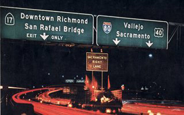 California - U.S. Highway 40, Interstate 80, and State Highway 17 sign.
