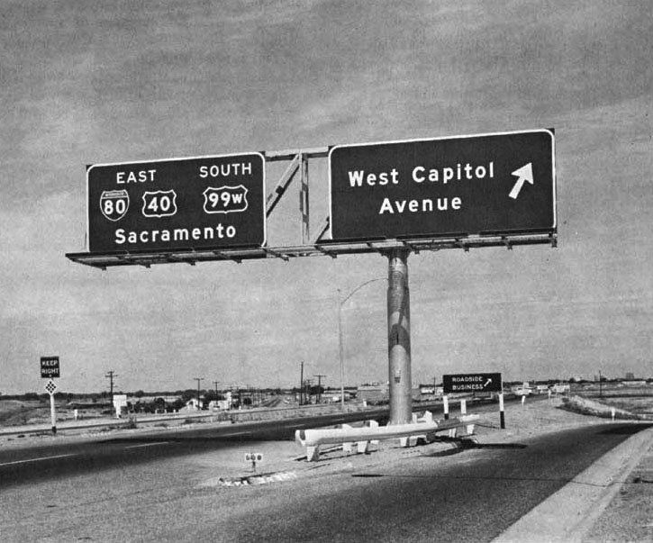 California - U. S. highway 99W, U.S. Highway 40, and Interstate 80 sign.