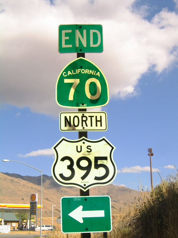 California - U.S. Highway 395 and State Highway 70 sign.