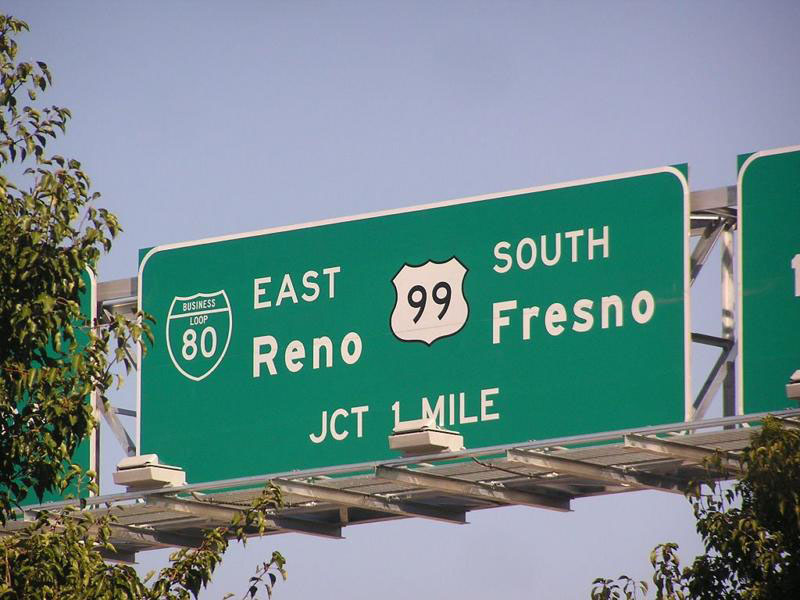California - U.S. Highway 99 and business loop 80 sign.