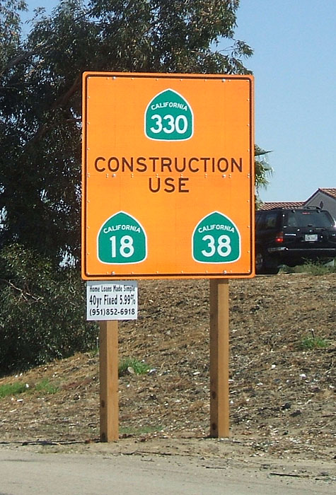 California - State Highway 18, State Highway 330, and State Highway 38 sign.