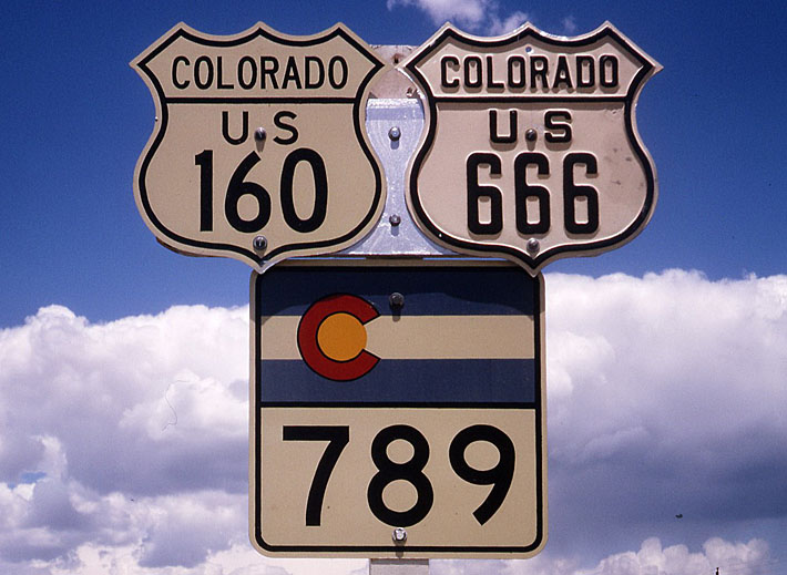 Colorado - State Highway 789, U.S. Highway 666, and U.S. Highway 160 sign.