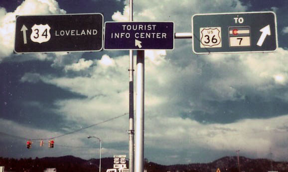 Colorado - State Highway 7, U.S. Highway 36, and U.S. Highway 34 sign.