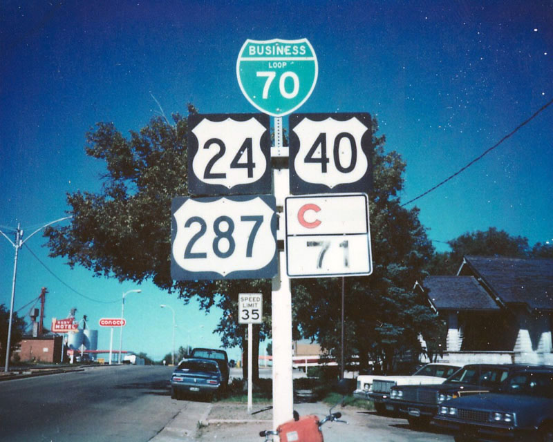 Colorado - State Highway 71, U.S. Highway 287, U.S. Highway 40, U.S. Highway 24, and business loop 70 sign.
