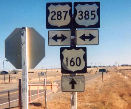Colorado - U.S. Highway 160, U.S. Highway 385, and U.S. Highway 287 sign.