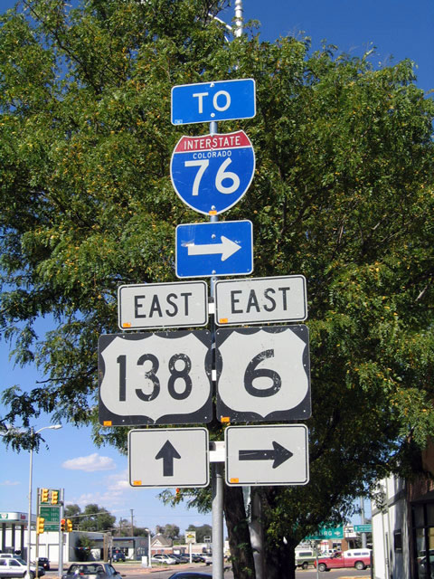 Colorado - Interstate 76, U.S. Highway 6, and U.S. Highway 138 sign.