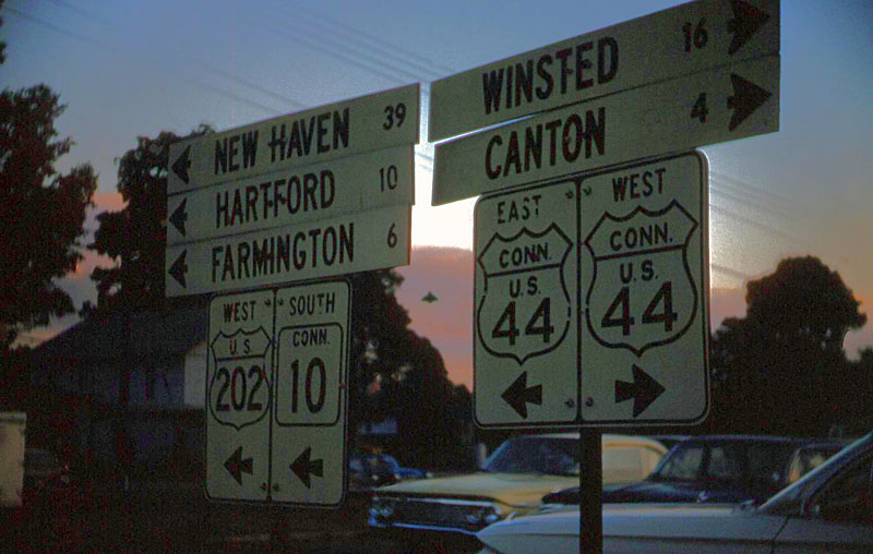 Connecticut - U.S. Highway 202, State Highway 10, and U.S. Highway 44 sign.