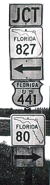 Florida - State Highway 827, State Highway 80, and U.S. Highway 441 sign.