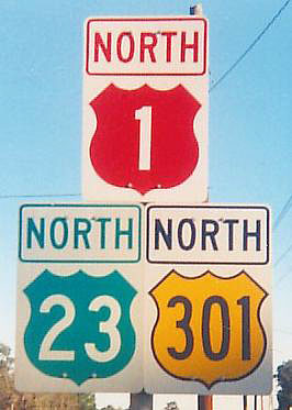 Florida - U.S. Highway 301, U.S. Highway 23, and U.S. Highway 1 sign.