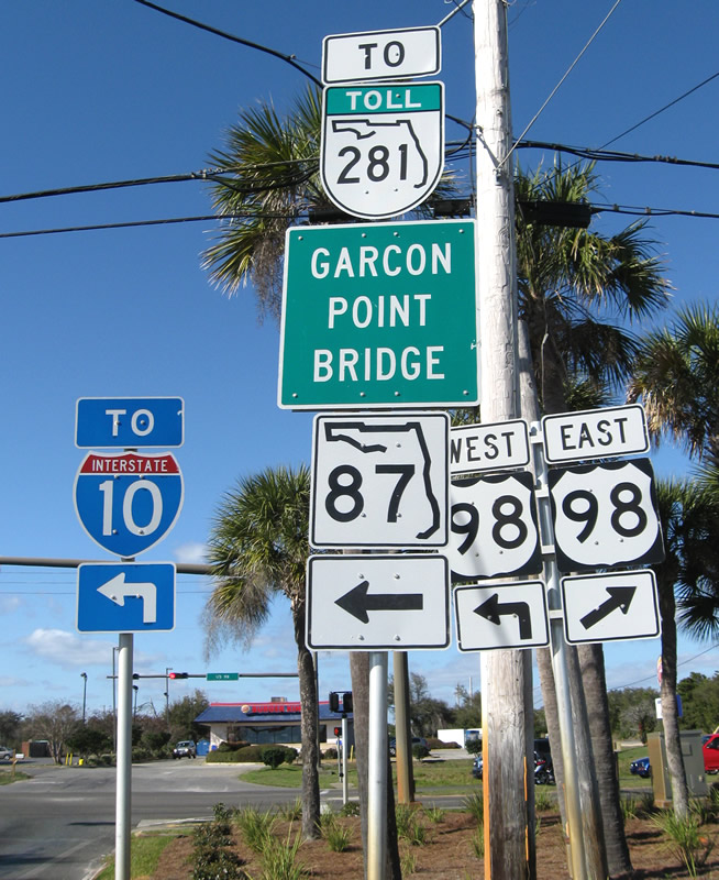 Florida - State Highway 87, State Highway 281, U.S. Highway 98, and Interstate 10 sign.