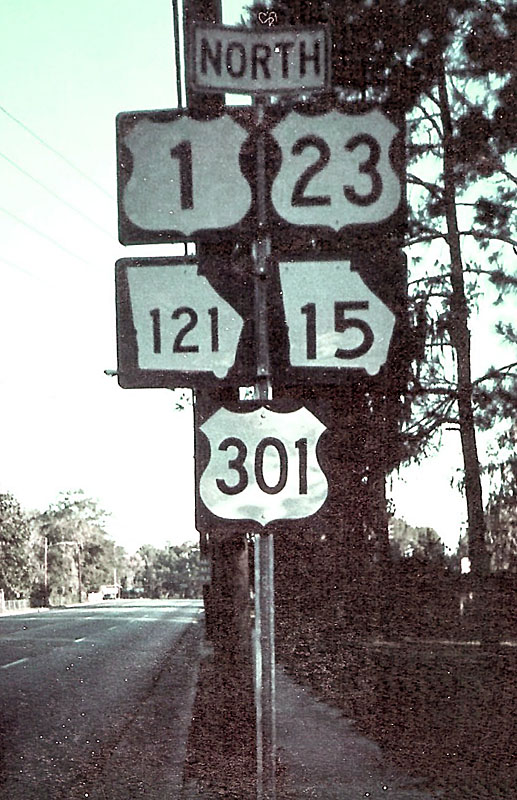 Georgia - U.S. Highway 301, State Highway 121, State Highway 15, U.S. Highway 23, and U.S. Highway 1 sign.
