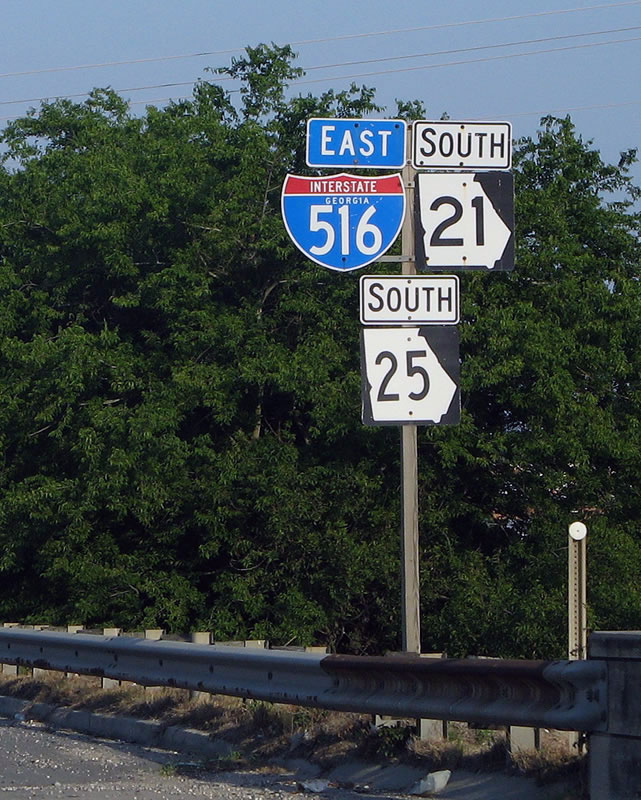Georgia - Interstate 516, State Highway 25, and State Highway 21 sign.