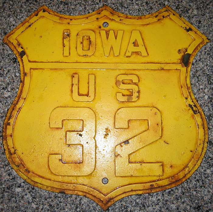 Iowa city route U. S. highway 32 sign.