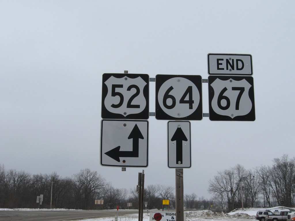 Iowa - U.S. Highway 52, U.S. Highway 67, and State Highway 64 sign.