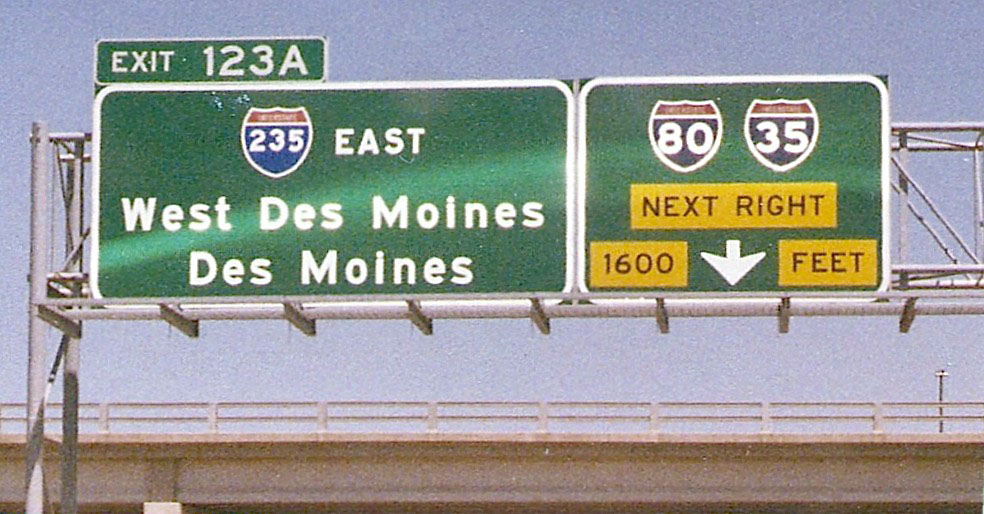 Iowa - Interstate 235, Interstate 35, and Interstate 80 sign.