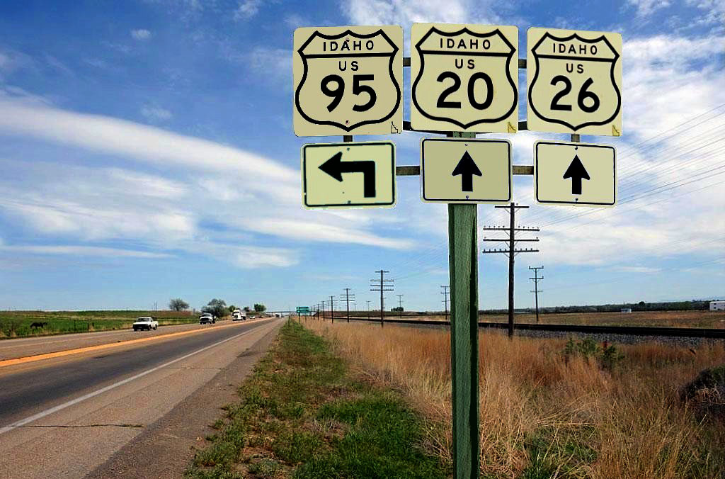 Idaho - U.S. Highway 26, U.S. Highway 20, and U.S. Highway 95 sign.
