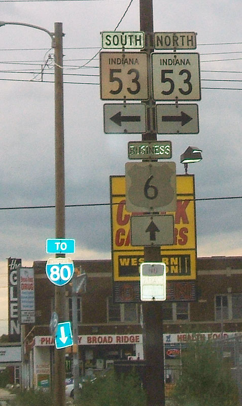 Indiana - Interstate 80, State Highway 53, and U.S. Highway 6 sign.