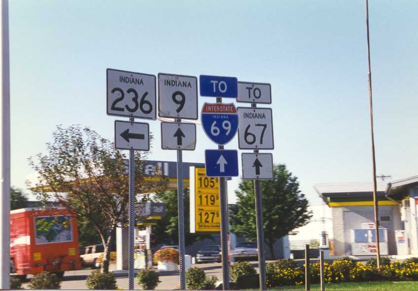 Indiana - Interstate 69, State Highway 67, State Highway 9, and State Highway 236 sign.