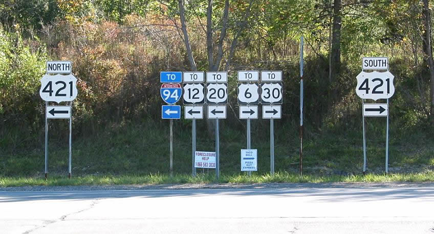 Indiana - U.S. Highway 421, U.S. Highway 30, U.S. Highway 6, U.S. Highway 20, U.S. Highway 12, and Interstate 94 sign.