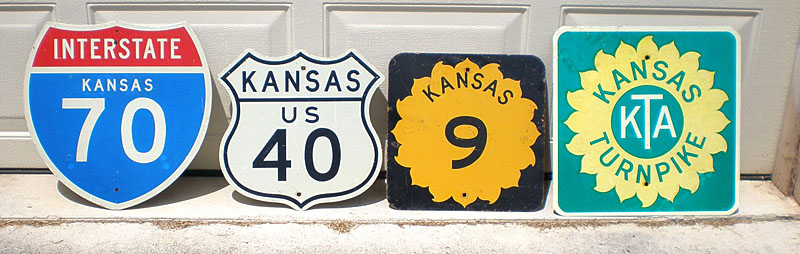 Kansas - Kansas Turnpike, State Highway 9, U.S. Highway 40, and Interstate 70 sign.