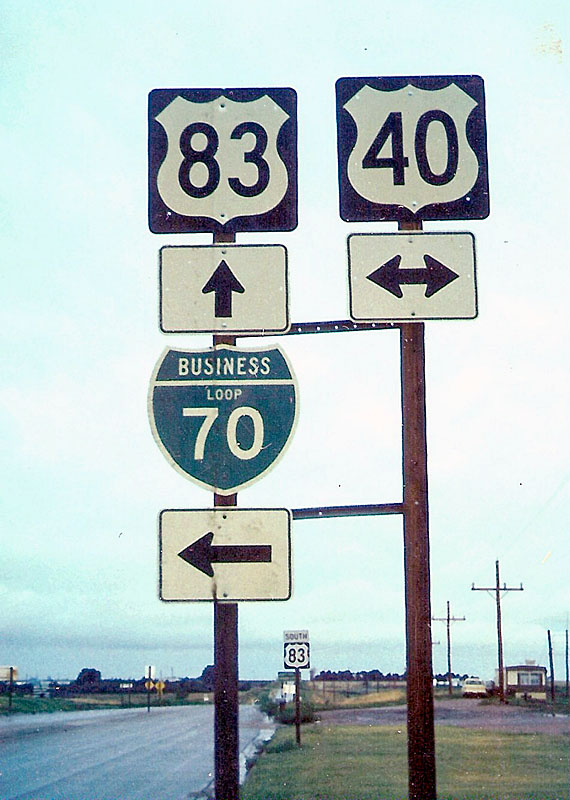 Kansas - business loop 70, U.S. Highway 40, and U.S. Highway 83 sign.