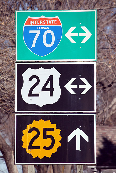 Kansas - State Highway 25, U.S. Highway 24, and Interstate 70 sign.