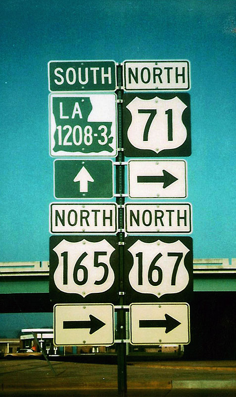 Louisiana - U.S. Highway 71, U.S. Highway 165, state highway 1208-3, and U.S. Highway 167 sign.