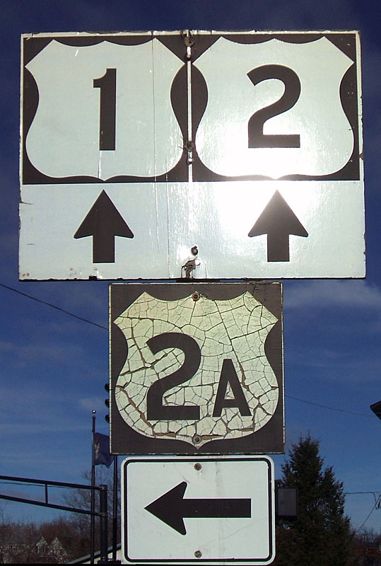 Maine - U.S. Highway 2, U.S. Highway 1, and U. S. highway 2A sign.