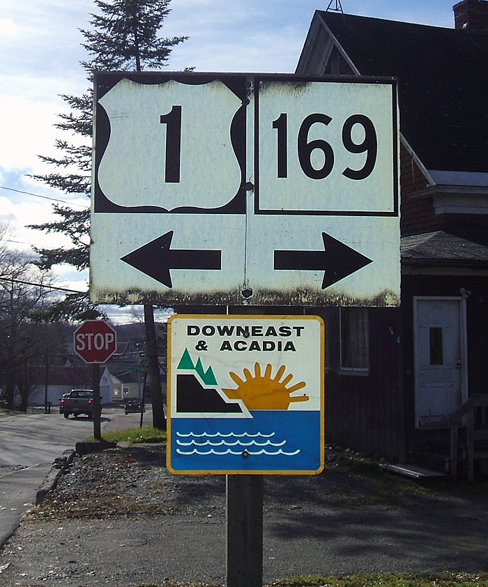 Maine - Downeast and Acadia Region, State Highway 169, and U.S. Highway 1 sign.
