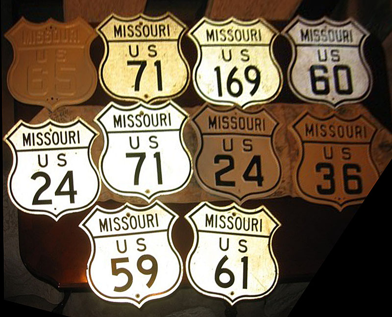 Missouri - U.S. Highway 61, U.S. Highway 59, U.S. Highway 24, U.S. Highway 71, U.S. Highway 60, U.S. Highway 169, U.S. Highway 65, and U.S. Highway 36 sign.