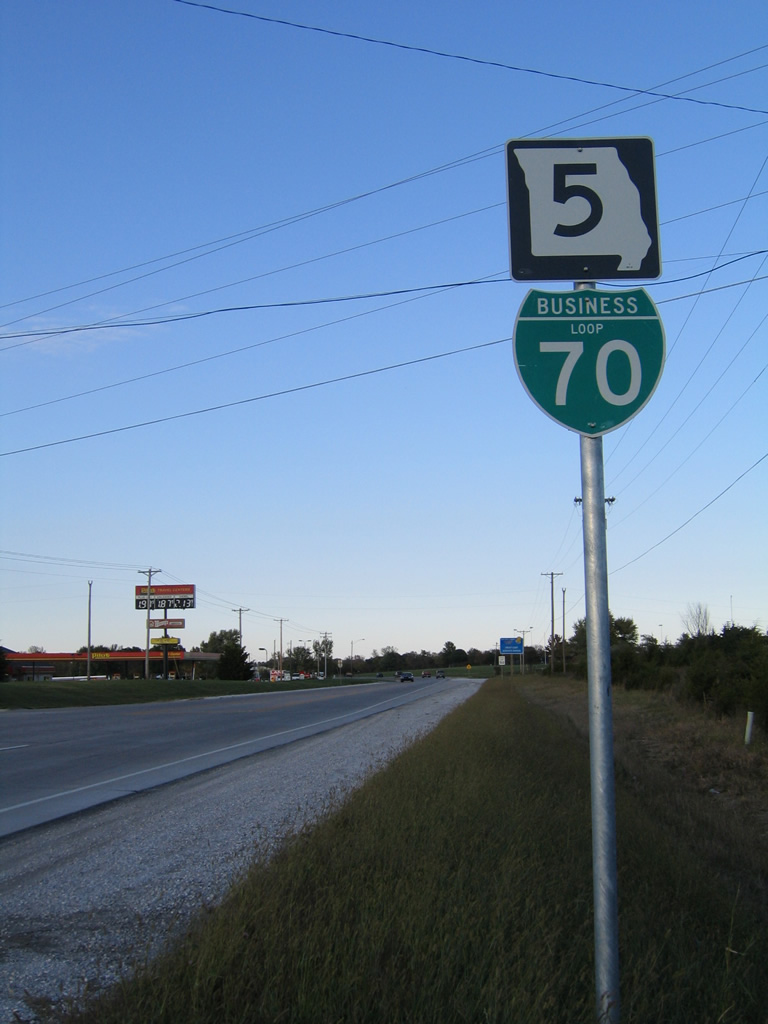 Missouri - State Highway 5 and business loop 70 sign.