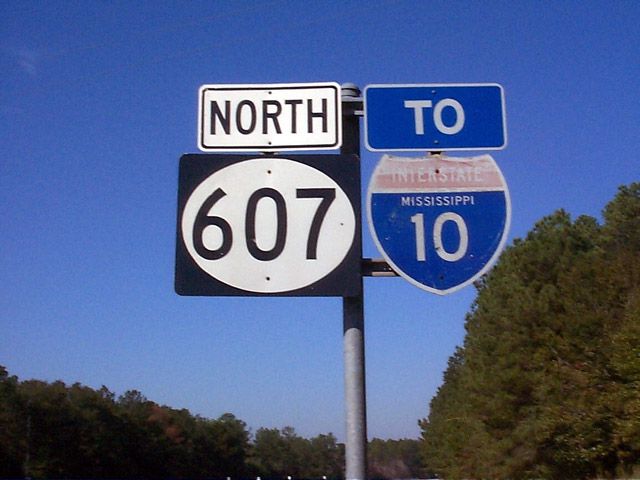 Mississippi - Interstate 10 and State Highway 607 sign.