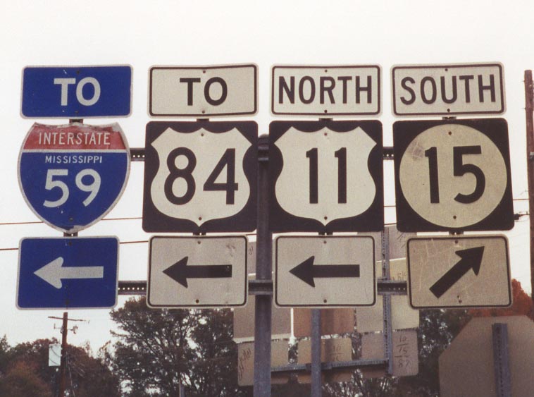 Mississippi - Interstate 59, State Highway 15, U.S. Highway 11, and U.S. Highway 84 sign.