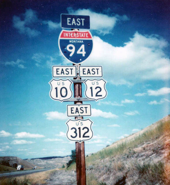 Montana - U.S. Highway 312, U.S. Highway 12, U.S. Highway 10, and Interstate 94 sign.