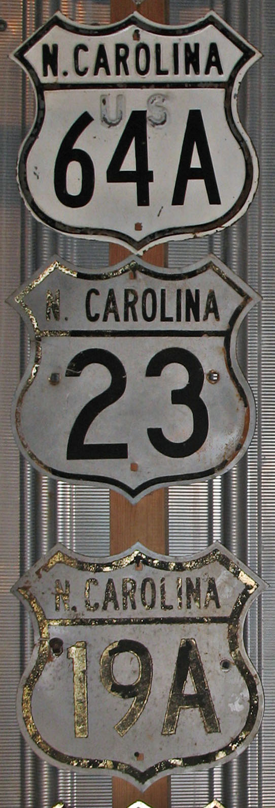North Carolina - U. S. highway 19A, U.S. Highway 23, and U. S. highway 64A sign.