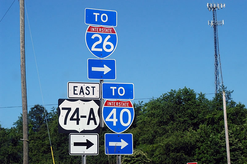 North Carolina - Interstate 40, Interstate 26, and U. S. highway 74A sign.