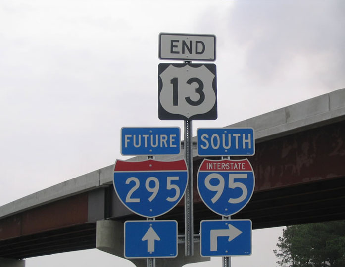 North Carolina - U.S. Highway 13, Interstate 95, and future interstate highway 295 sign.