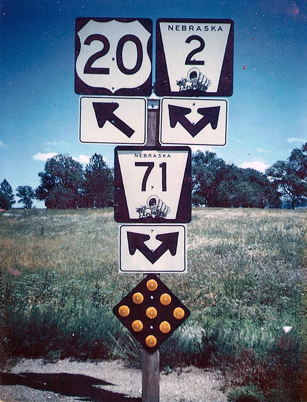 Nebraska - State Highway 71, State Highway 2, and U.S. Highway 20 sign.