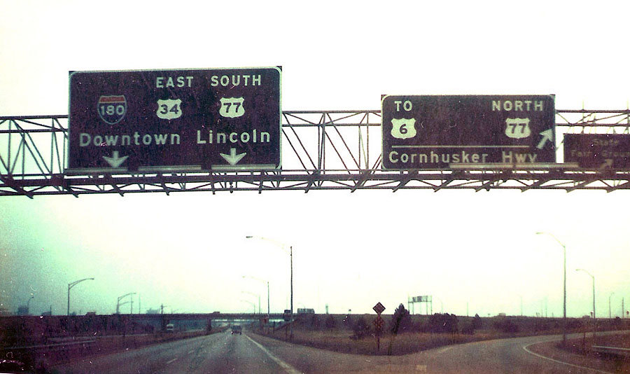 Nebraska - U.S. Highway 34, U.S. Highway 6, U.S. Highway 77, and Interstate 180 sign.