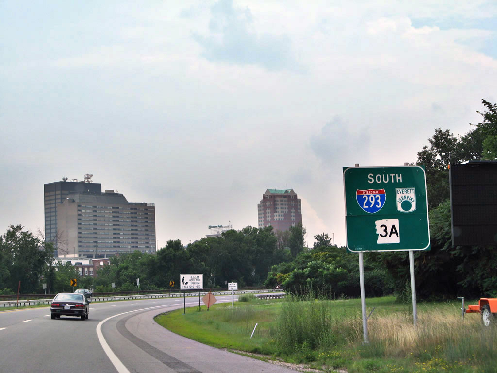 New Hampshire - Interstate 293, state highway 3A, and Everett Turnpike sign.