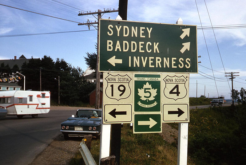 Nova Scotia - Trans-Canada Route 5, Provincial Highway 4, and Provincial Highway 19 sign.