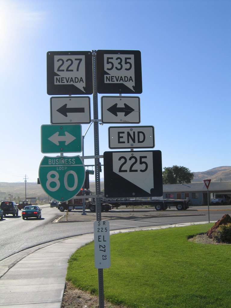 Nevada - State Highway 225, State Highway 535, State Highway 227, and business loop 80 sign.