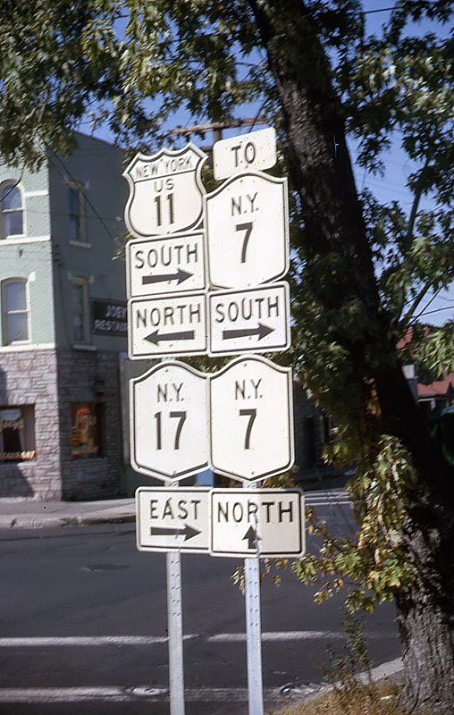 New York - State Highway 7, U.S. Highway 11, and State Highway 17 sign.