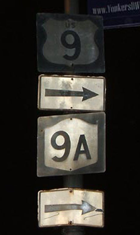 New York - state highway 9A and U.S. Highway 9 sign.