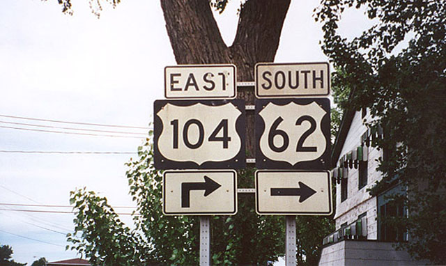 New York - U.S. Highway 104 and U.S. Highway 62 sign.